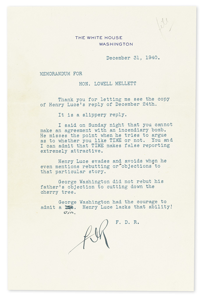 ROOSEVELT, FRANKLIN D. Group of three Typed Letters Signed, FDR or Franklin DRoosevelt, as President, to journalist Lowell Mellett,